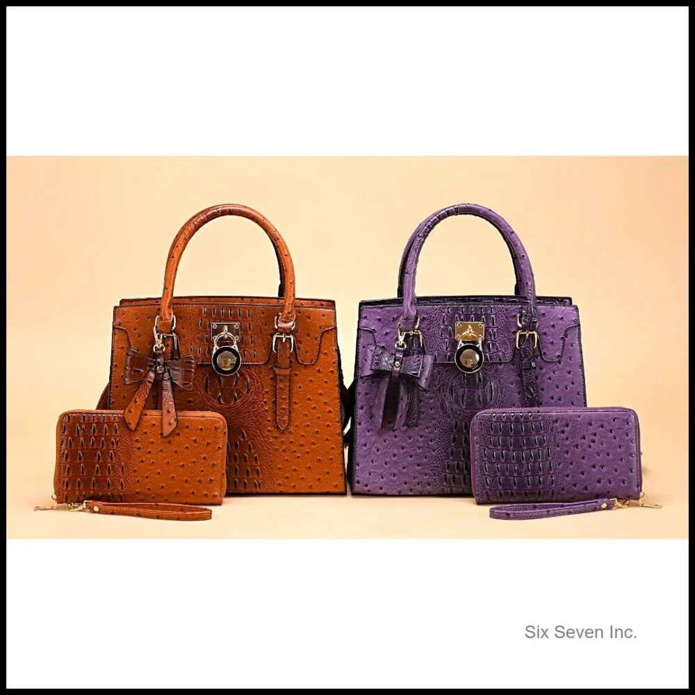 Top Handle Satchel Tote Shoulder Work Bag Set With Matching Clutch Wallet